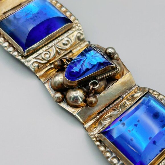 Vintage Mexican Sterling Silver Bracelet with Blue Stones | Hinged 0925 AR - Picture 9 of 11